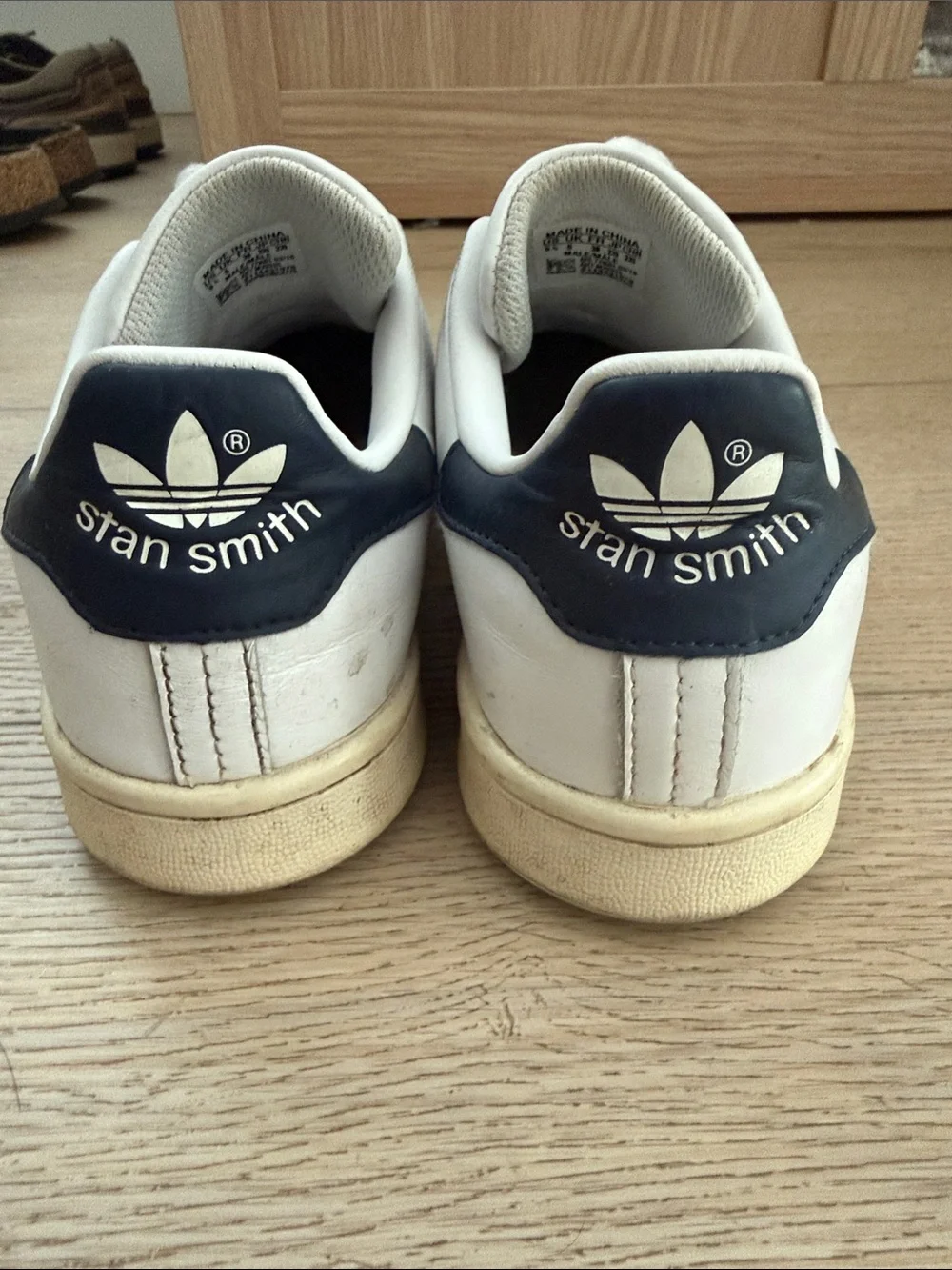 adidas White and Navy Stan Smith Leather Sneakers